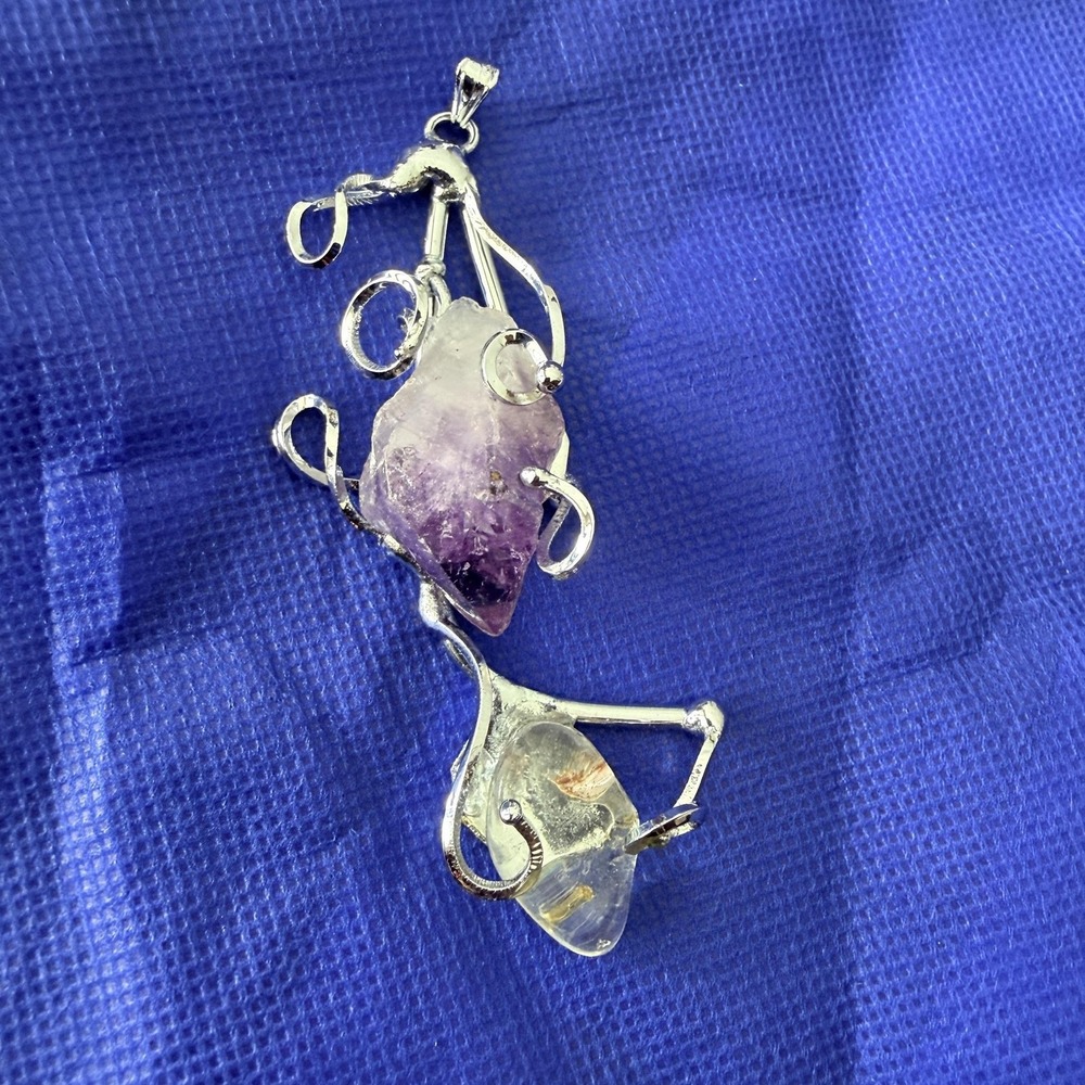 Raw Amethyst Quartz Crystal Pendant Silver Tone Artisan Boho Statement 3.25"